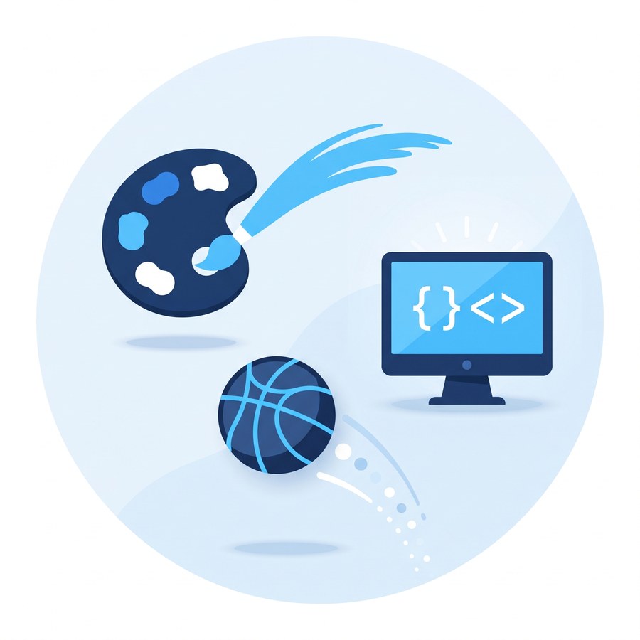 Illustration of an artist palette, a basketball and a computer monitor showing code