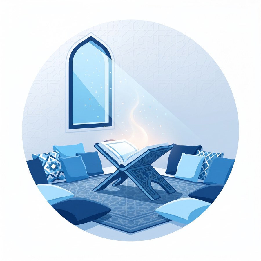 Illustration of an open Qur'an on a wooden rehl with cushions arranged around it