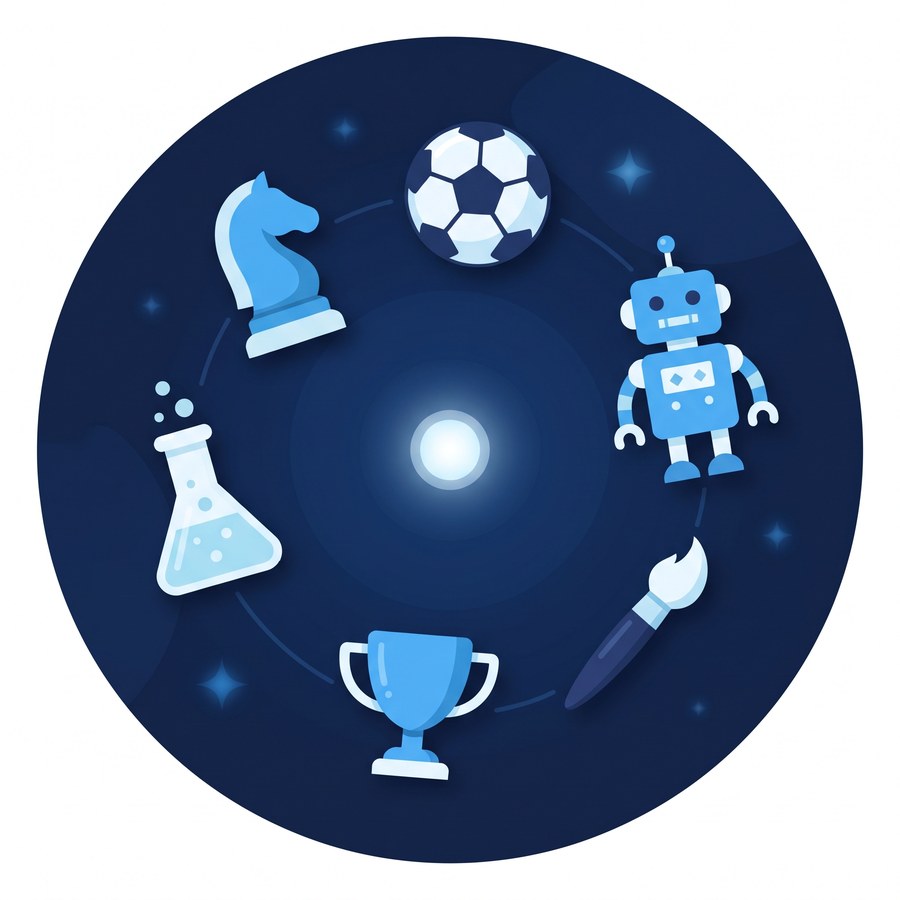 Illustration of after school club objects, a chess piece, a football, a robot, a paintbrush and a trophy