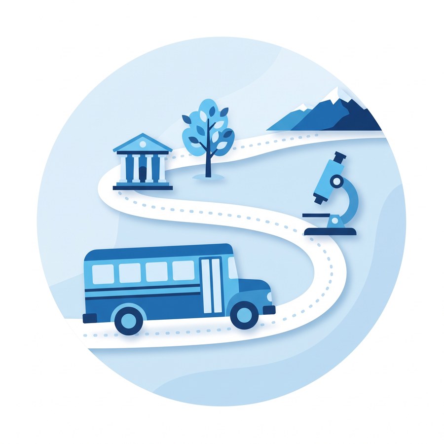 Illustration of a school bus travelling a winding route past a museum, a tree and a microscope