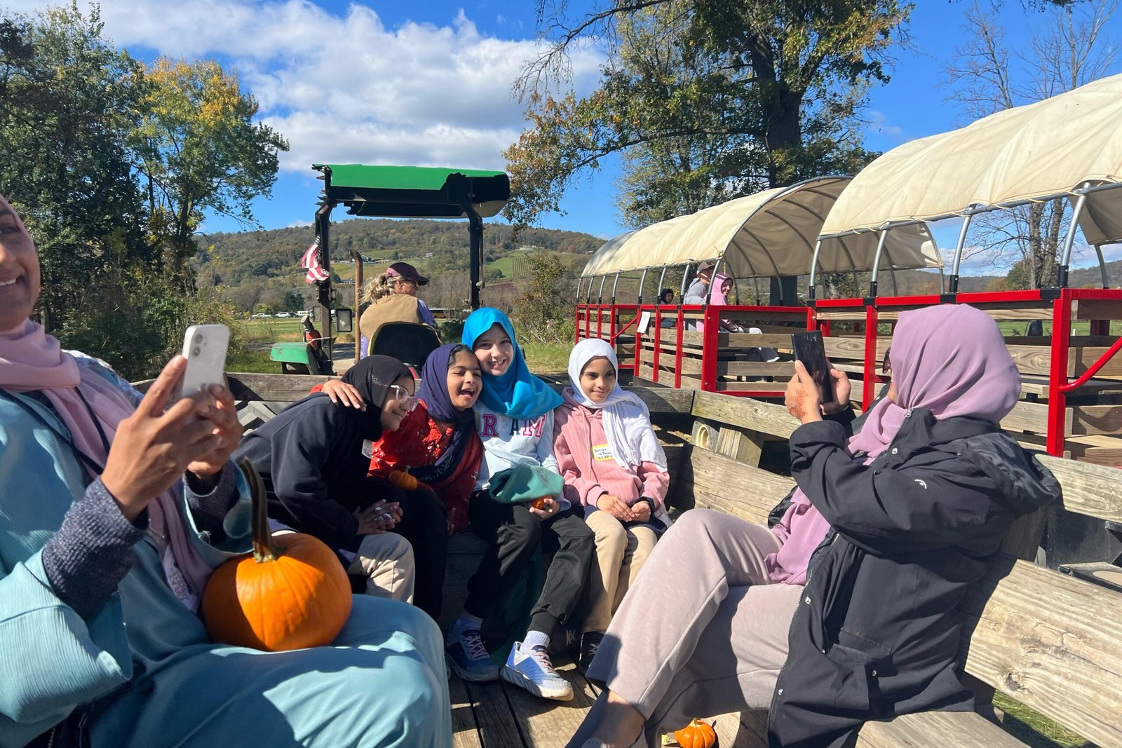 Oceans Academy students on an autumn field trip to a pumpkin patch